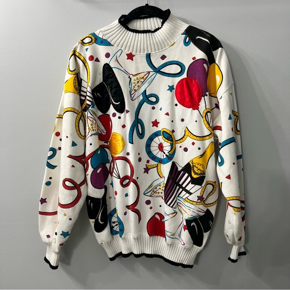 Vintage Architect White Mock Neck Party Themed Cotton Blend Sweater Large
